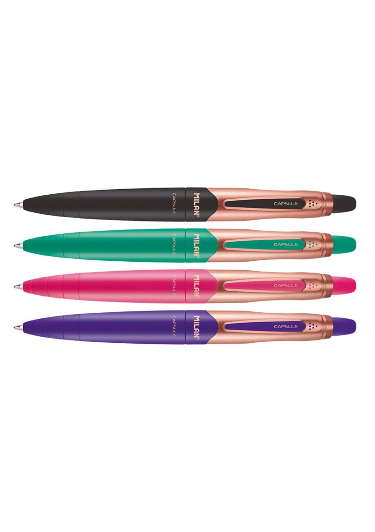 Milan Capsule Copper Retractable Ballpens, 4 Asstd, Blue Ink