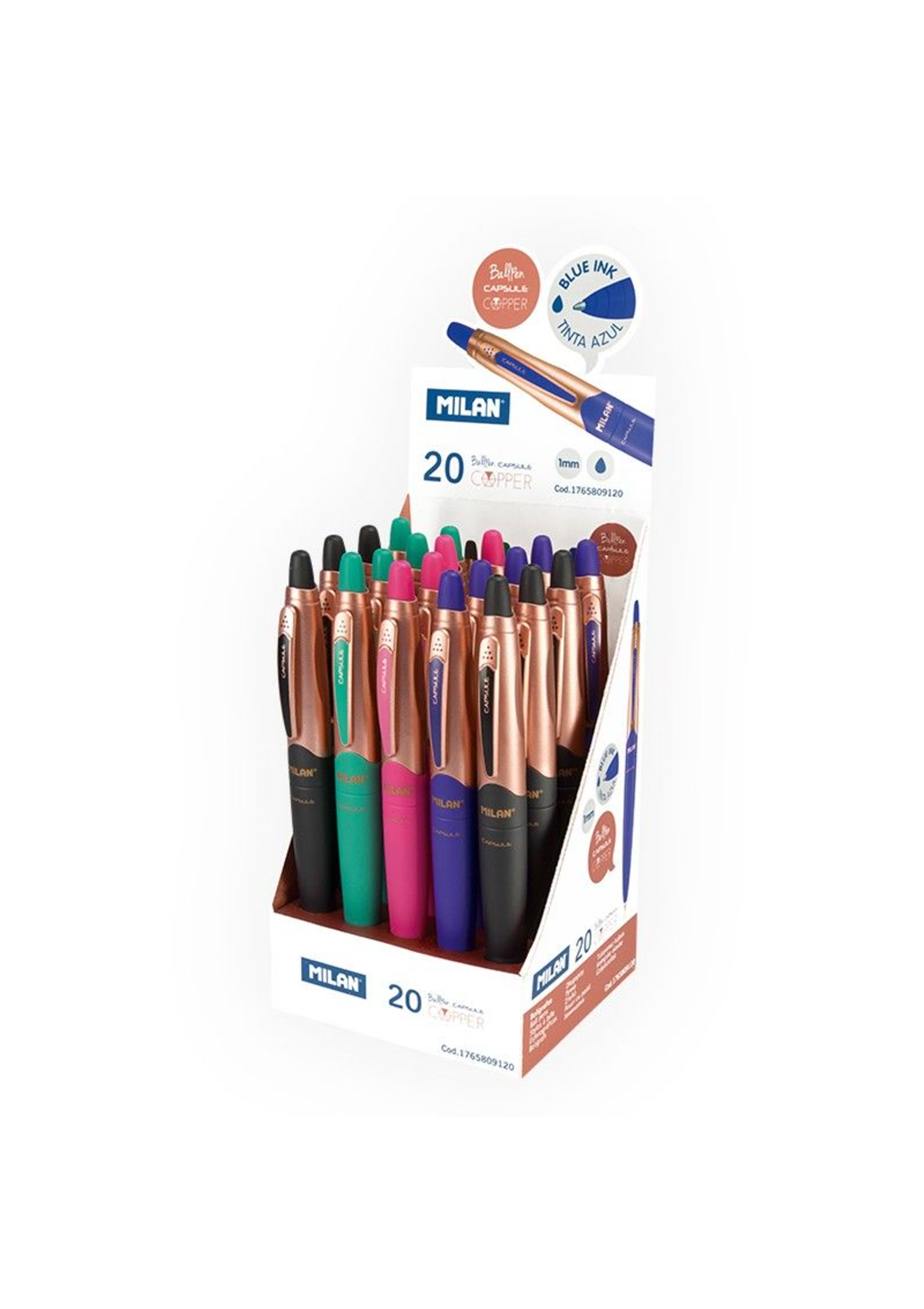 Milan Capsule Copper Retractable Ballpens, 4 Asstd, Blue Ink