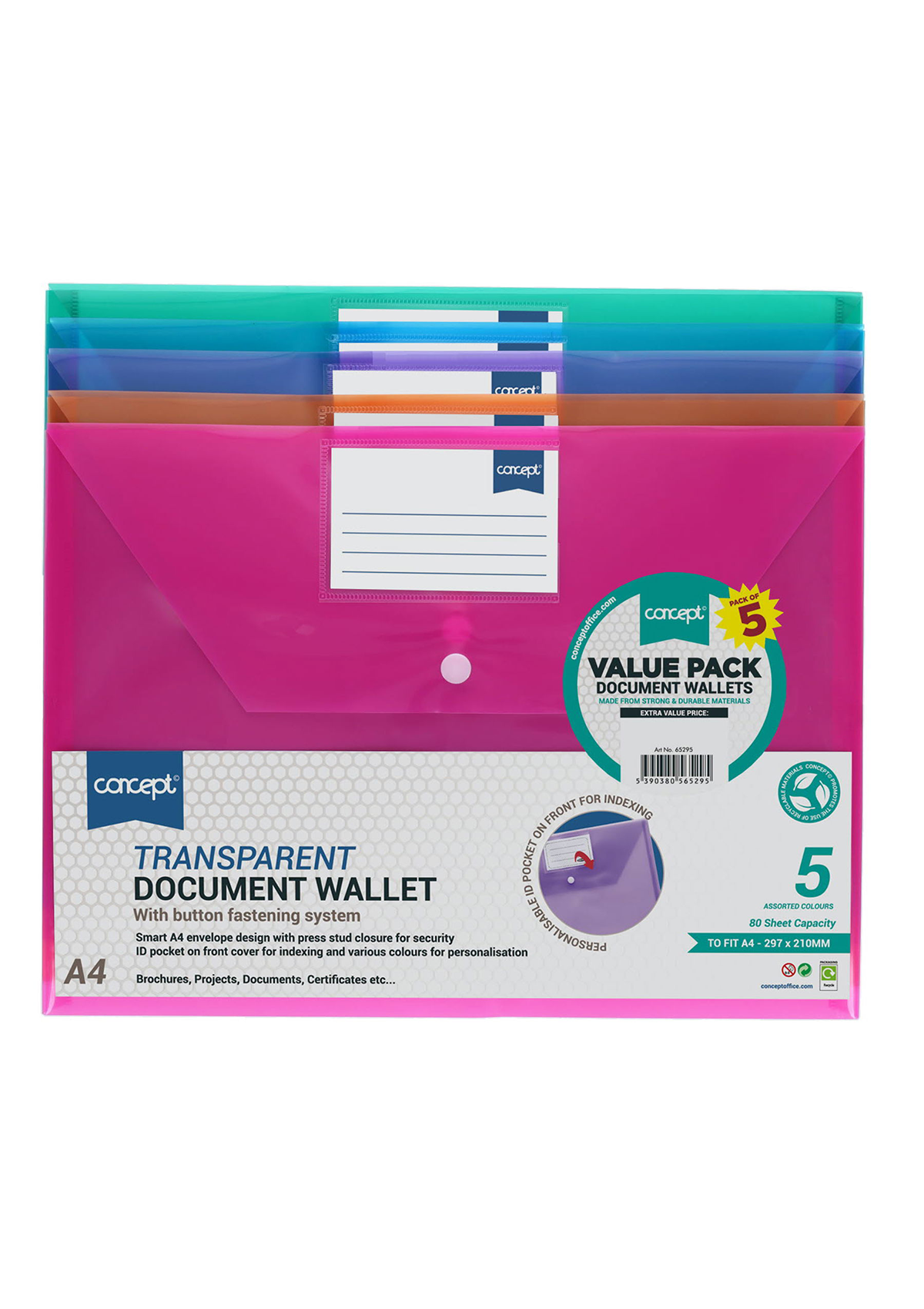 Pkt.5 A4 Button Document Wallets - Asst